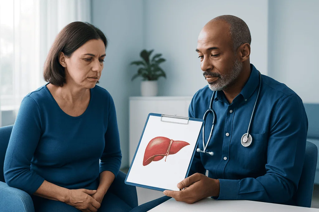 Doctor explaining liver health to a patient with liver illustration.