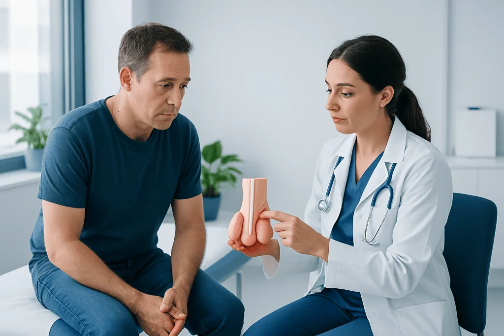 Doctor explaining testicular health to male patient in clinic.