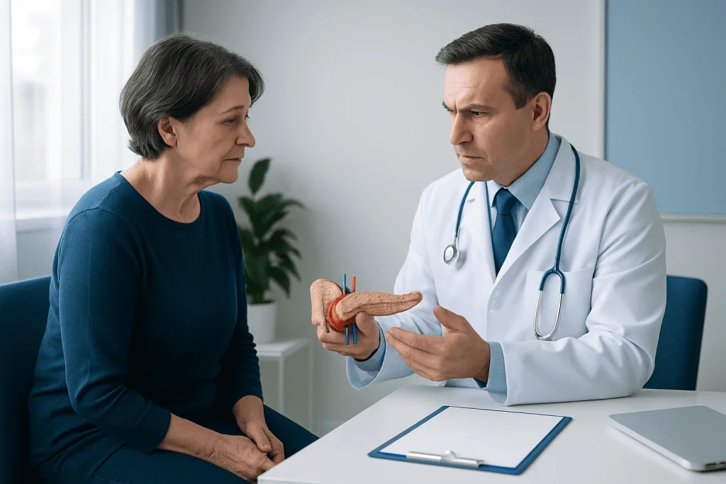 Doctor explaining pancreatic anatomy to a patient in a medical consultation.