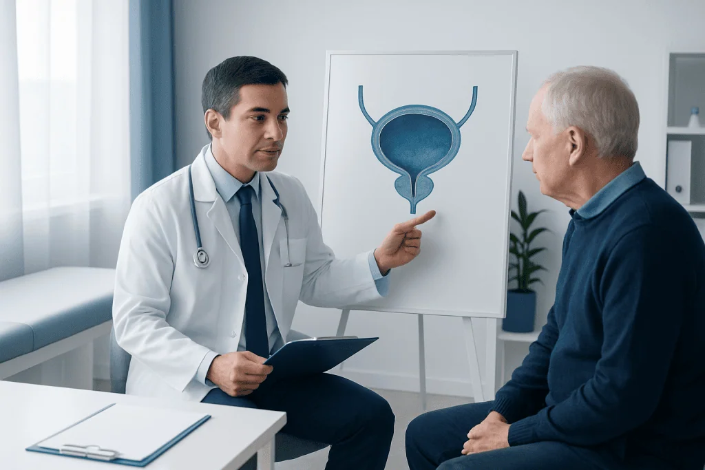 Urologist explaining bladder diagram to patient in a consultation room.