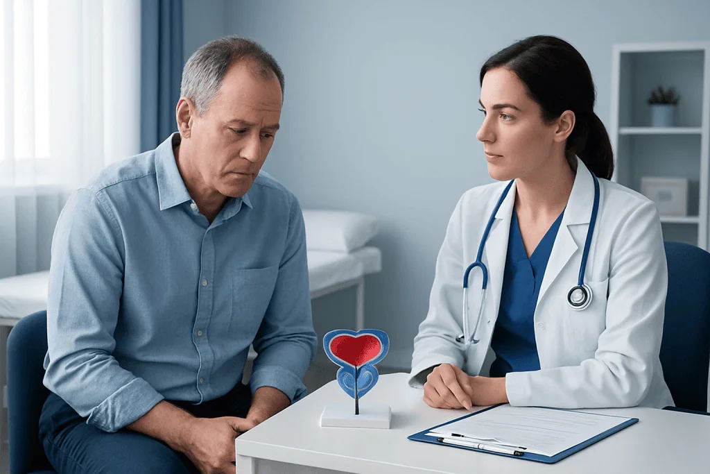 Doctor explaining prostate health to a patient in a clinic setting.