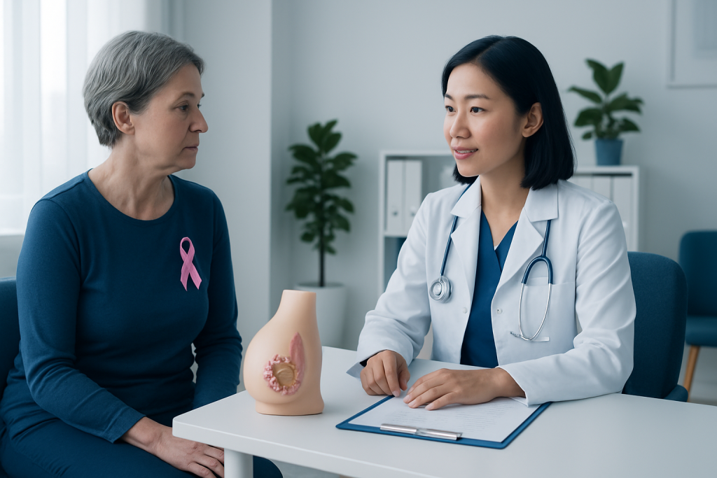 Doctor explaining breast cancer awareness to a patient with a breast model.