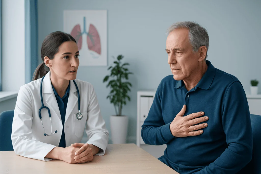 Doctor consulting with an elderly male patient about lung health.