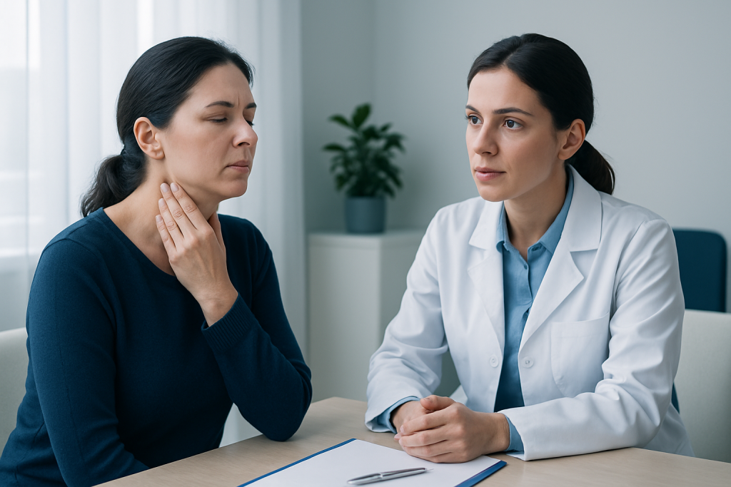 Doctor consulting with a patient about thyroid health symptoms.