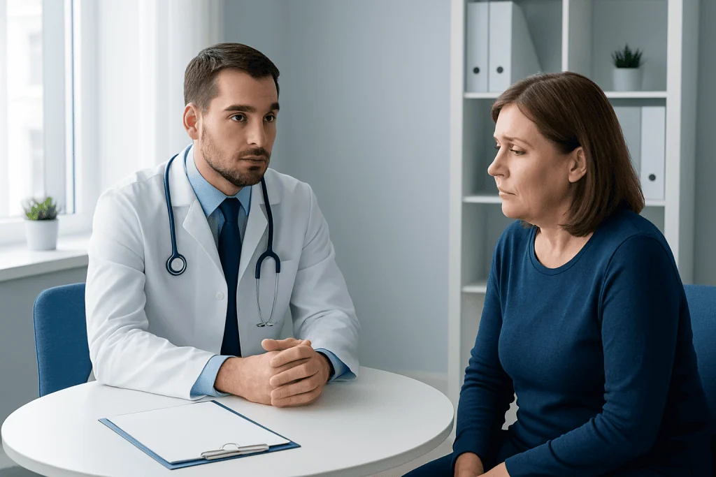 Doctor consulting with a female patient in a medical office.