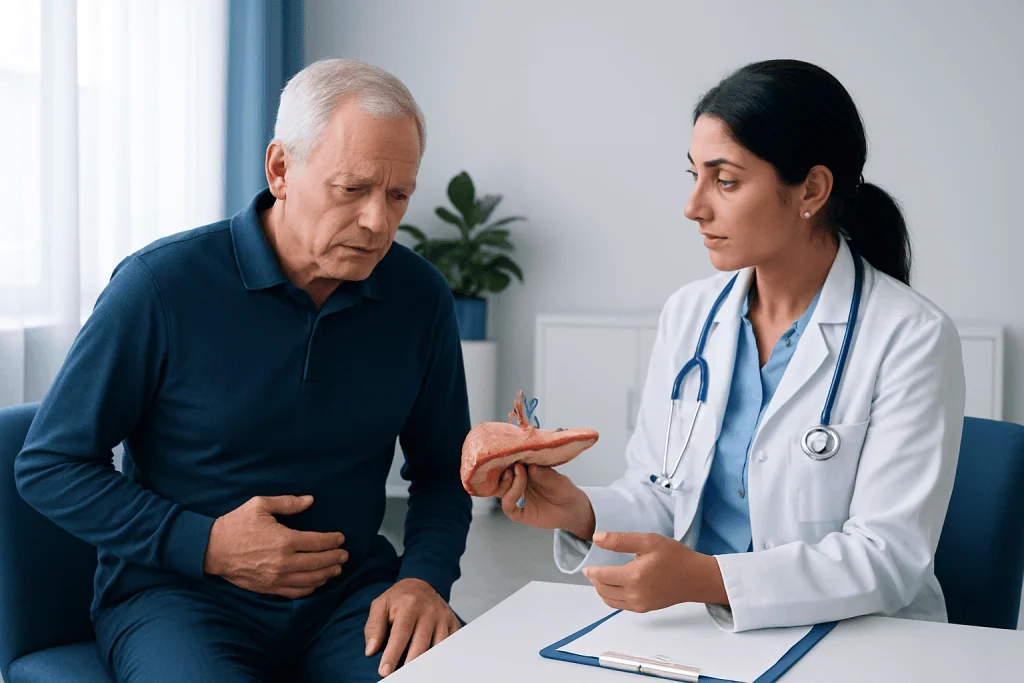 Doctor explaining pancreatic health to an elderly male patient.