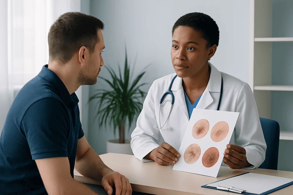 Dermatologist explains skin cancer types to patient using skin lesion images.