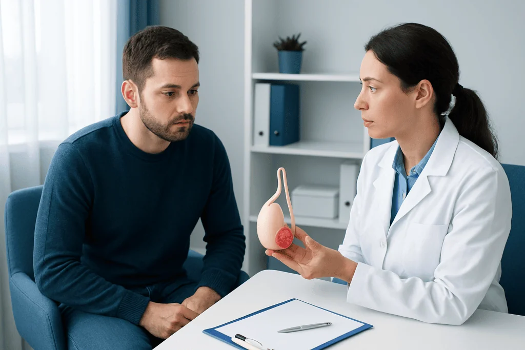 Urologist explaining testicular health to male patient in consultation room.