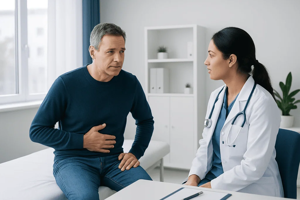 Doctor consulting with male patient about pancreatic health symptoms.
