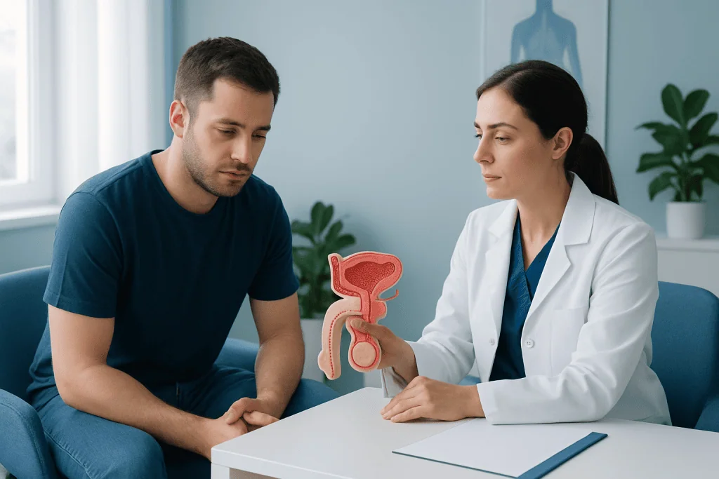 Urologist explaining prostate anatomy to a male patient in a consultation room.