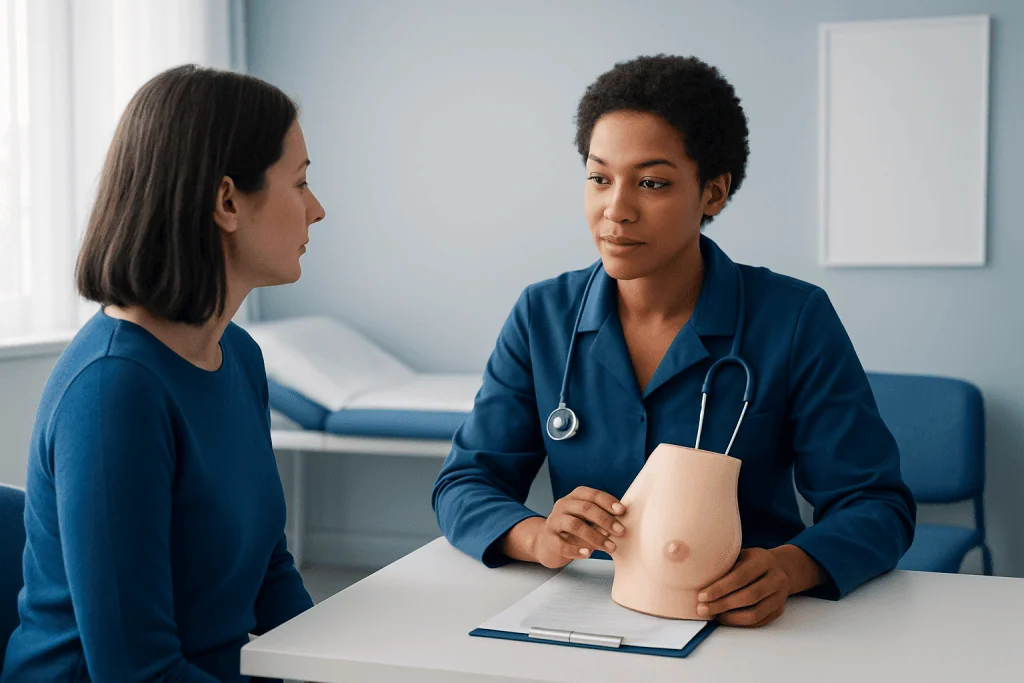 Doctor explaining breast examination to patient in clinic setting.