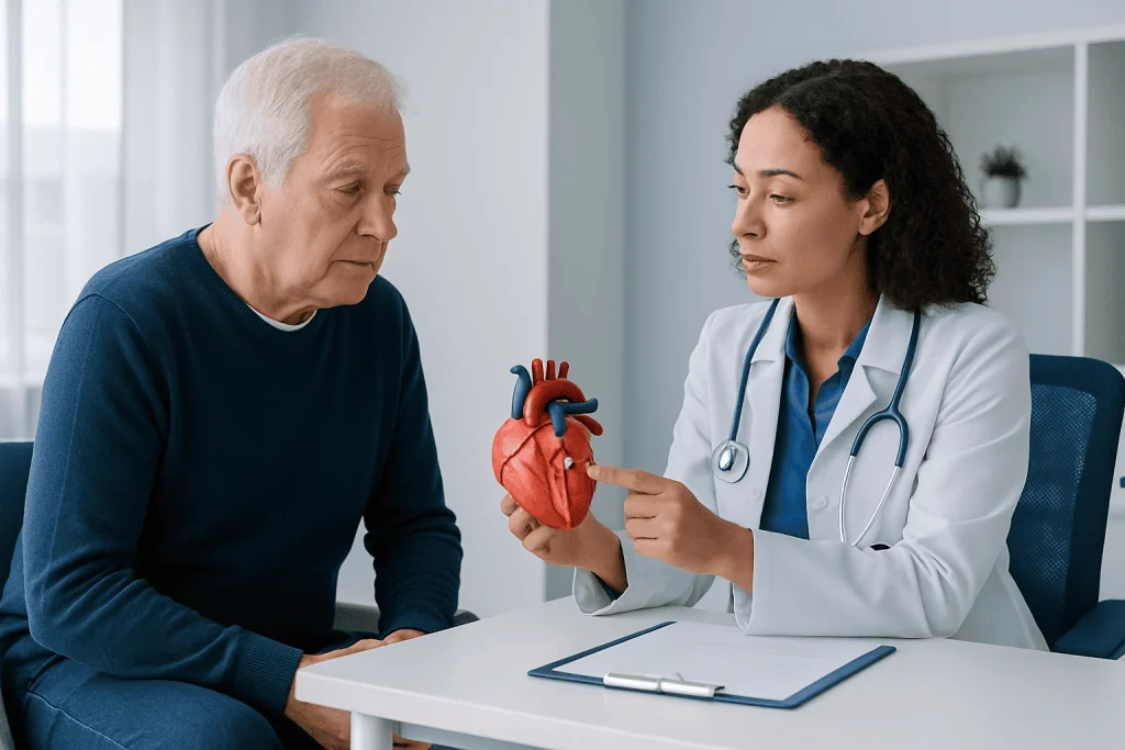 Cardiologist explains heart anatomy to elderly patient in consultation room.