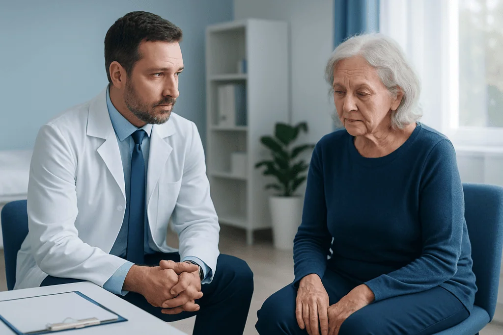 Doctor consulting with elderly woman in a medical office.