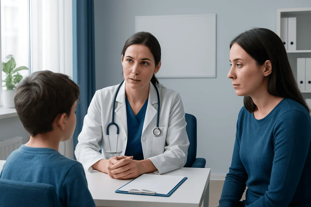 Pediatric consultation with a doctor and mother in a hospital setting.