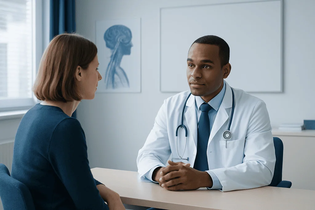 Doctor consulting with a patient in a medical office with brain anatomy images.