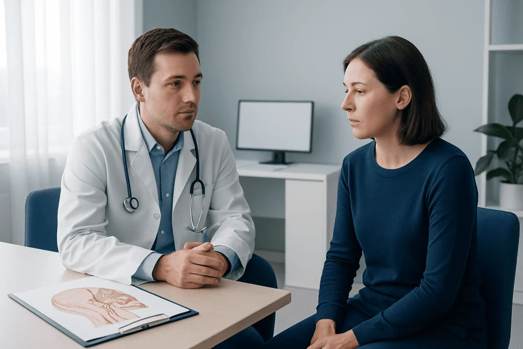 Doctor consulting with female patient in a medical office.