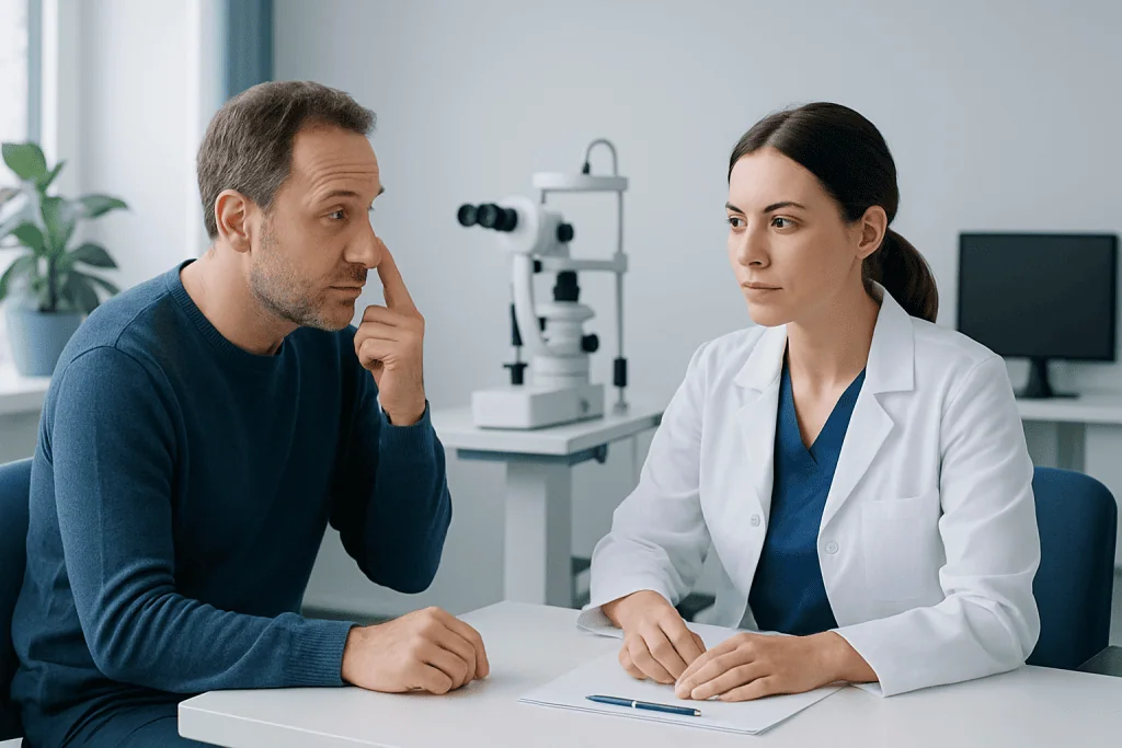 Doctor explaining eye health to patient in clinic setting.