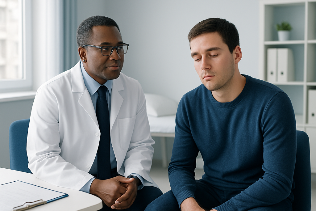 Doctor consulting with a young man about sleep issues in a clinical setting.