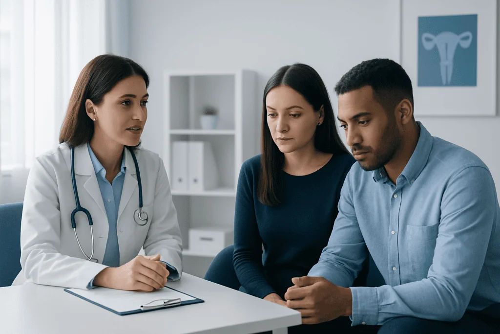 Doctor consulting with a couple about fertility treatment options.