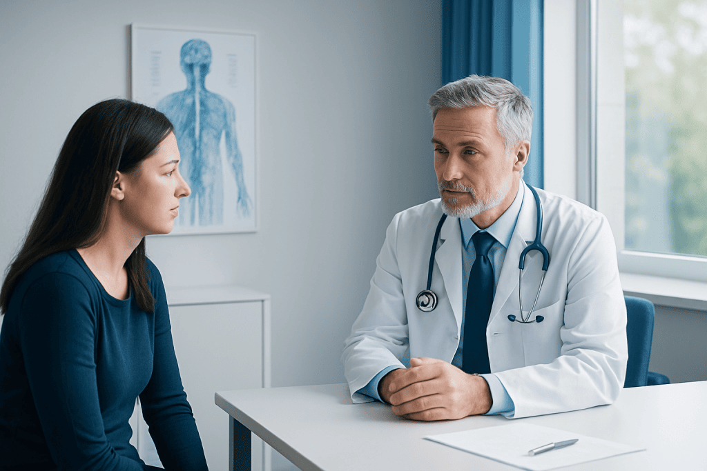 Doctor consulting with a patient in a medical office setting.