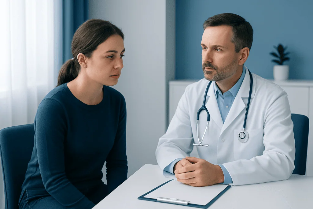 Doctor consulting with a female patient in a modern clinic setting.
