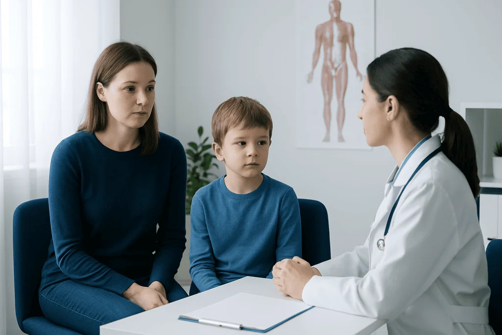 Doctor consulting with a mother and child about neuromuscular disorders in children.