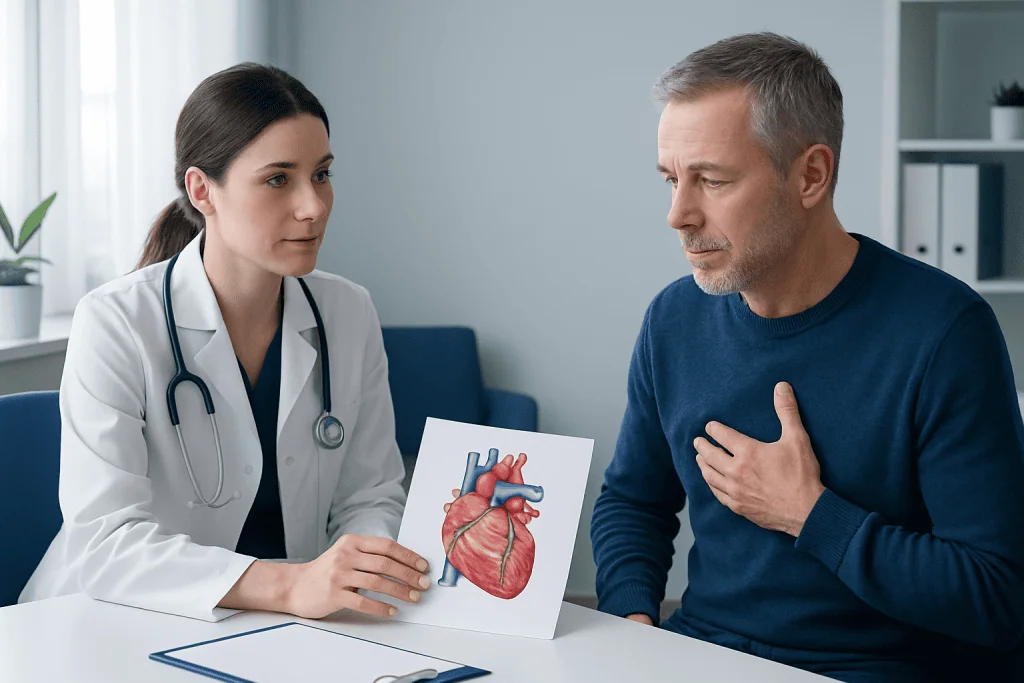 Doctor explaining heart diagram to patient in consultation room.