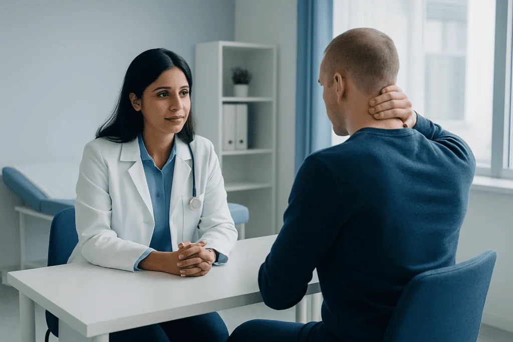 Doctor consulting with patient about occipital neuralgia symptoms and treatment options.