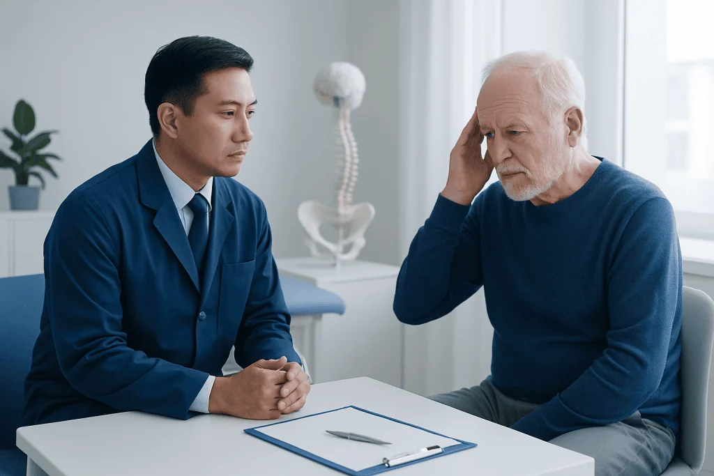 Doctor consulting with elderly patient about neurological issues in a clinic.