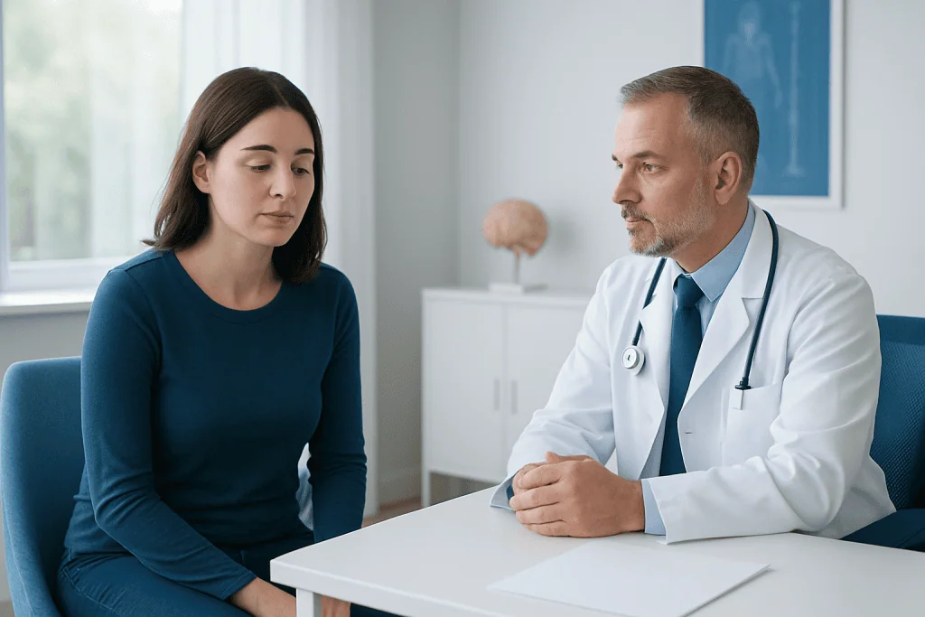 Doctor consulting with a patient about sleep issues in a clinical setting.