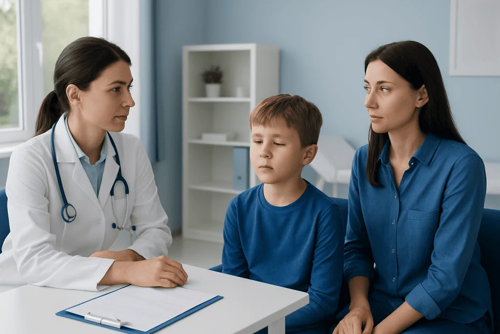 Doctor consulting with a young boy and his mother in a medical office.