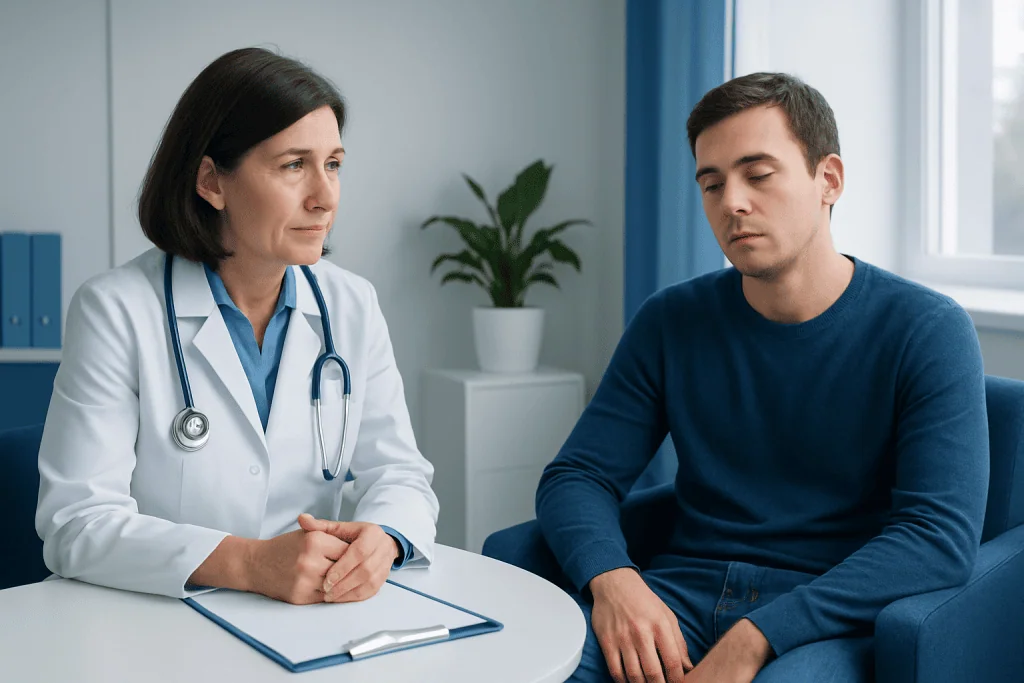 Doctor consulting with a young male patient in a medical office.