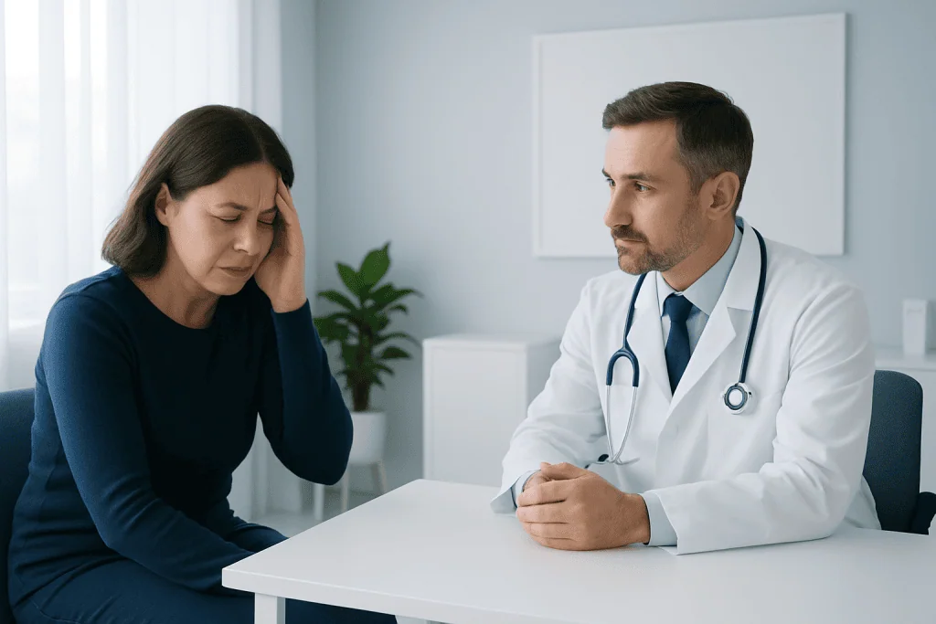 Doctor consulting with a woman experiencing headache in a medical office.