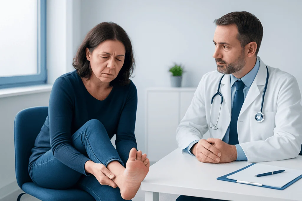 Doctor examining patient's foot for nerve symptoms at a hospital.