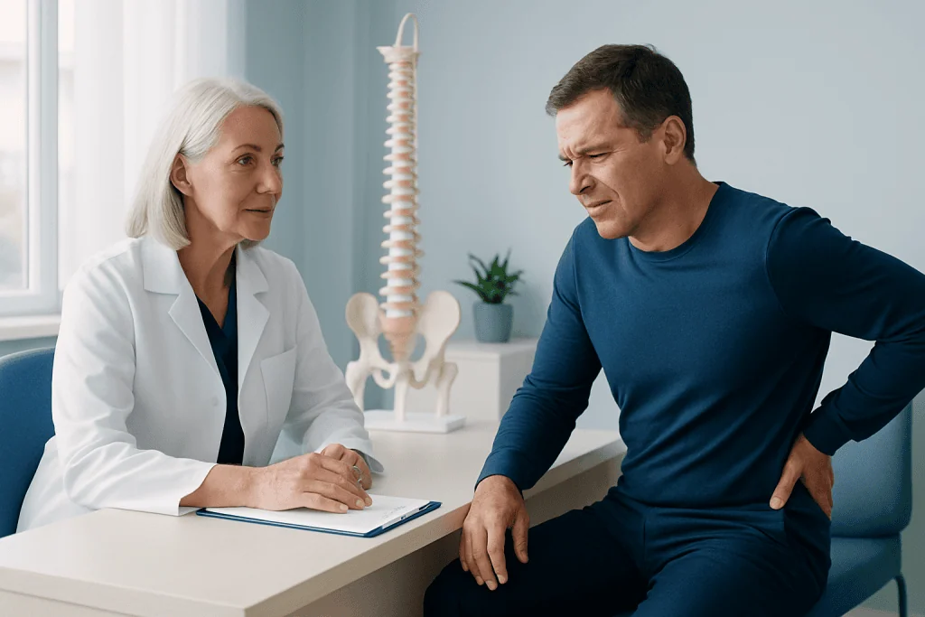 Doctor consulting with a male patient about back pain in a clinic setting.