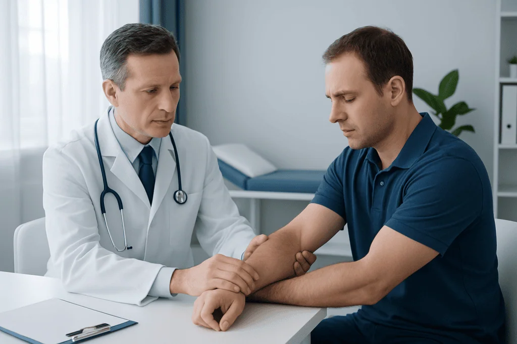 Doctor examining patient's elbow for tennis elbow symptoms.