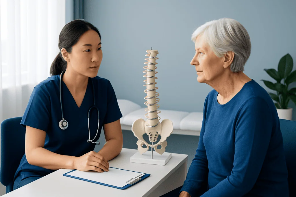 Doctor consulting elderly patient about spinal health with model spine present.