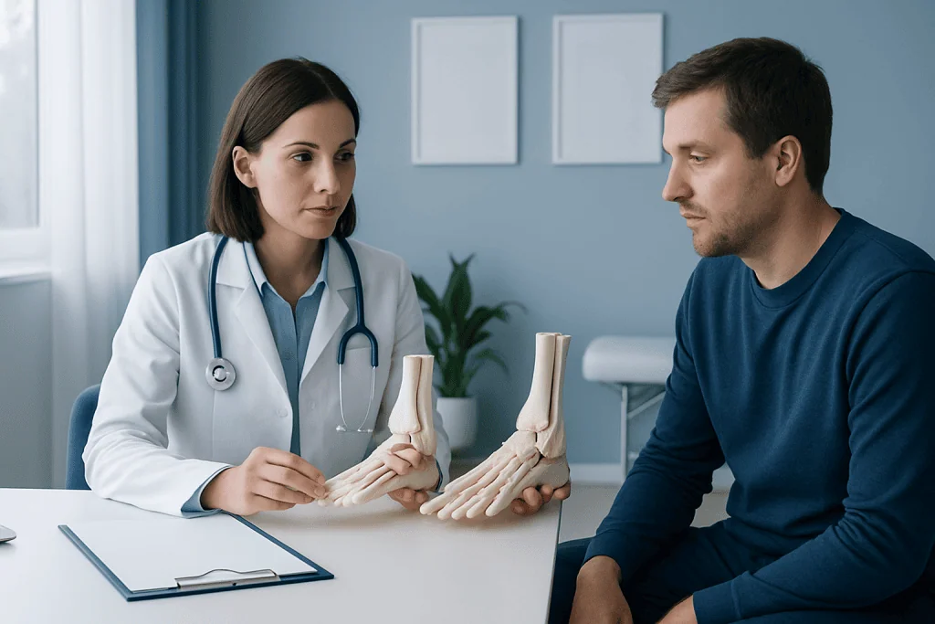 Doctor explaining ankle injury to patient with anatomical models.