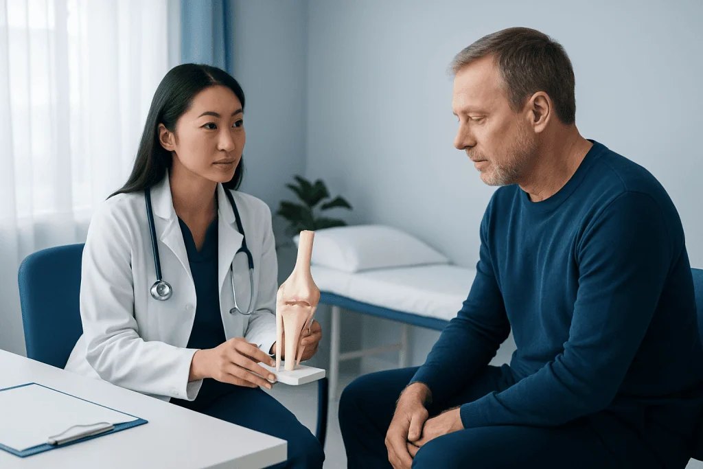 Doctor explaining knee joint to patient in a consultation room.
