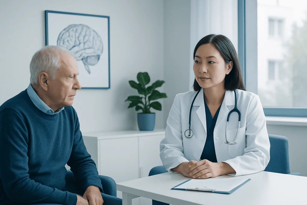 Doctor consulting with elderly patient in a medical office.