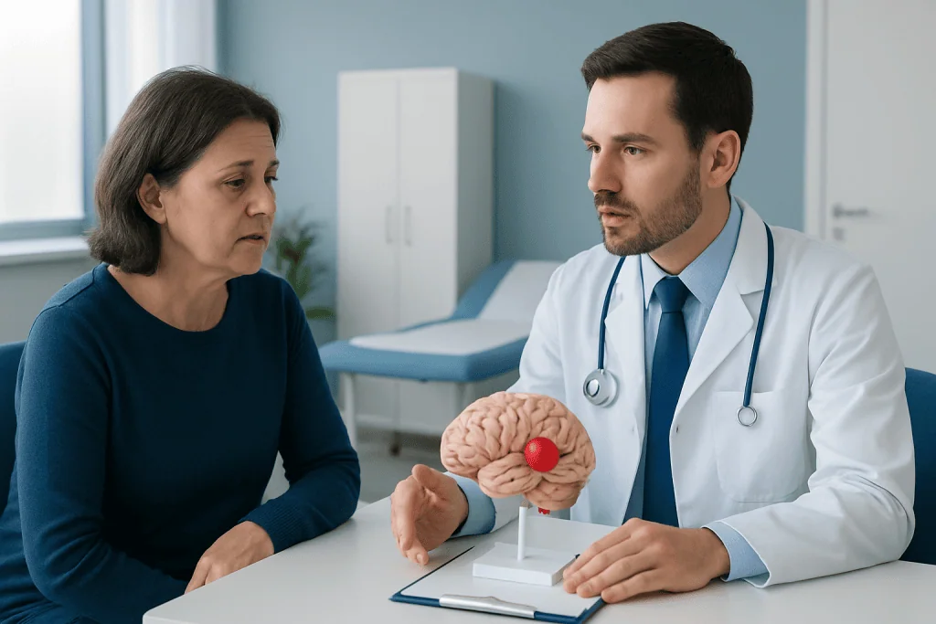Doctor explaining brain aneurysm to patient with model of brain.