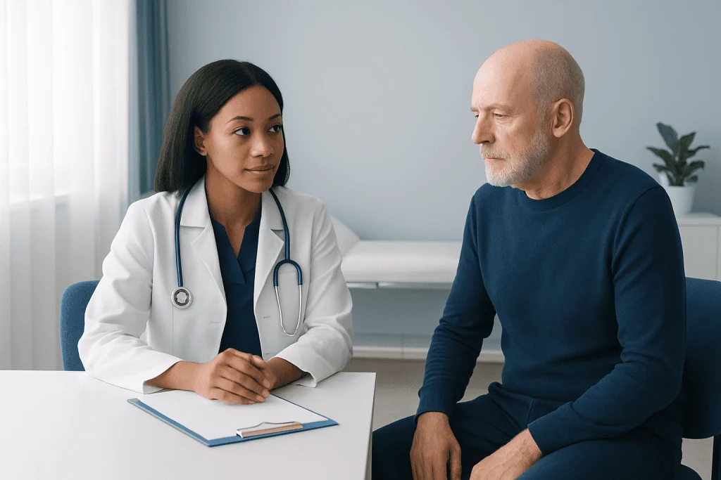 Doctor consulting with an older male patient in a medical office.