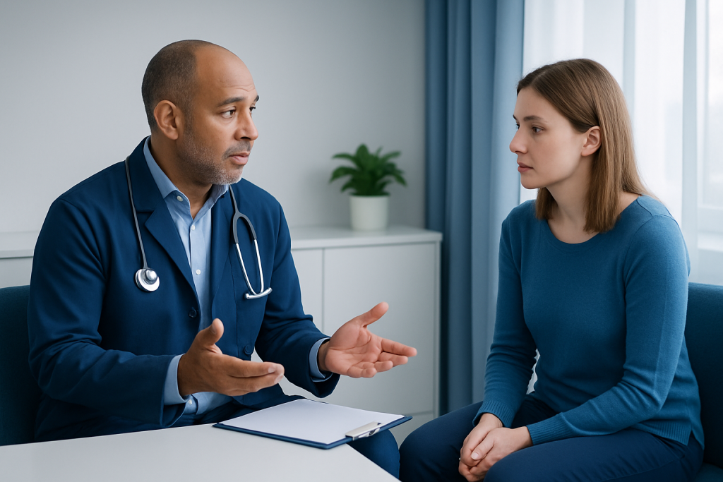 Doctor consulting with a young female patient in a medical office.