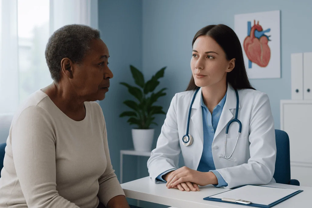 Doctor consulting with an elderly patient in a medical office.