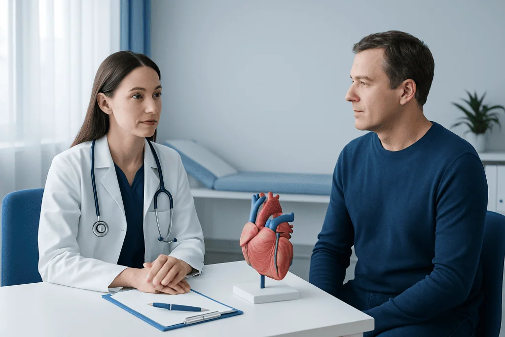 Doctor explaining heart health to a patient with a model of the heart.