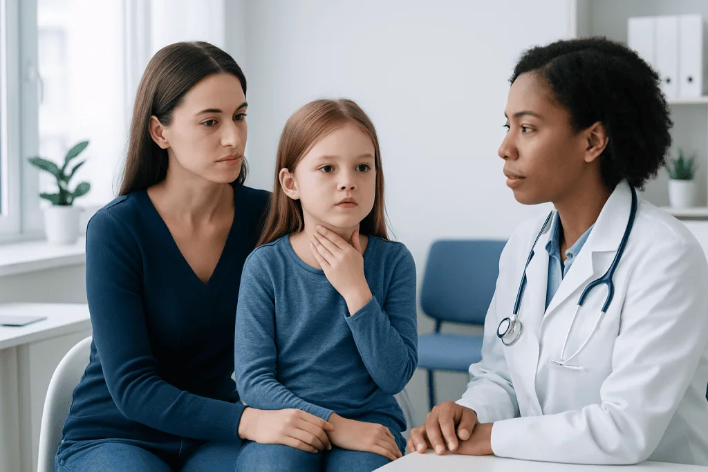 Doctor consulting with mother and child about sore throat symptoms.