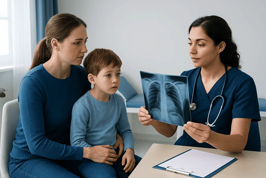 Doctor explaining child's chest X-ray to mother and young patient in clinic.