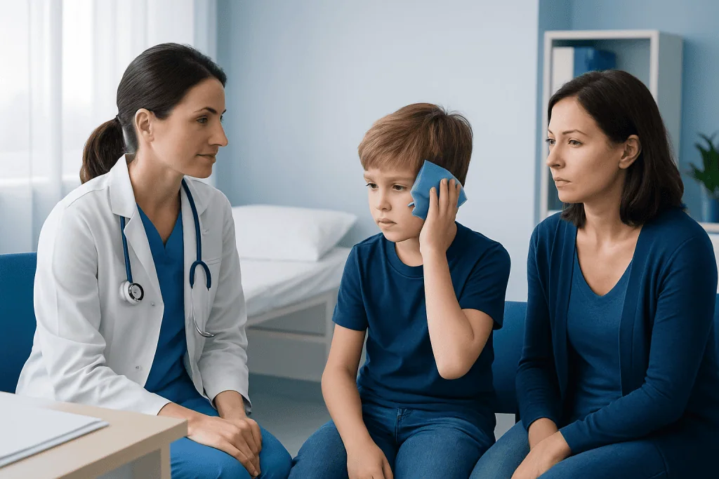 Doctor examining a young boy with a head injury in a clinic.