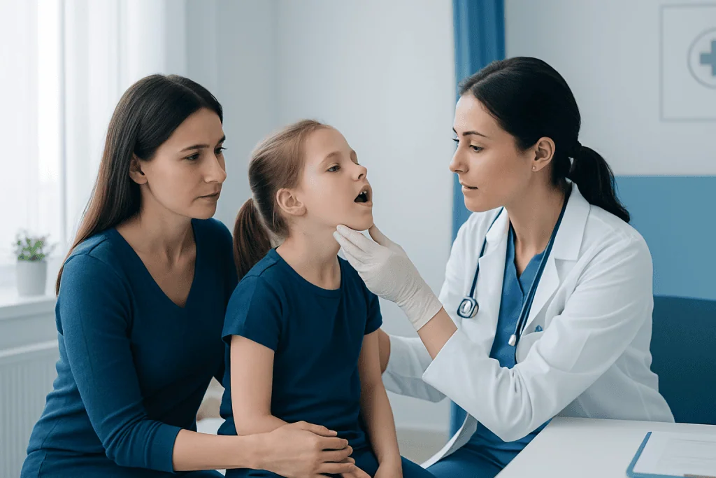 Pediatric doctor examining a child's throat in a hospital setting.