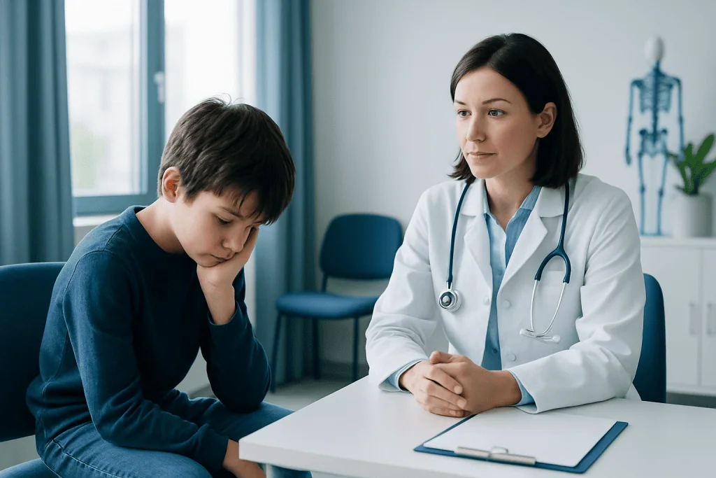 Doctor consulting with a young boy in a medical office setting.